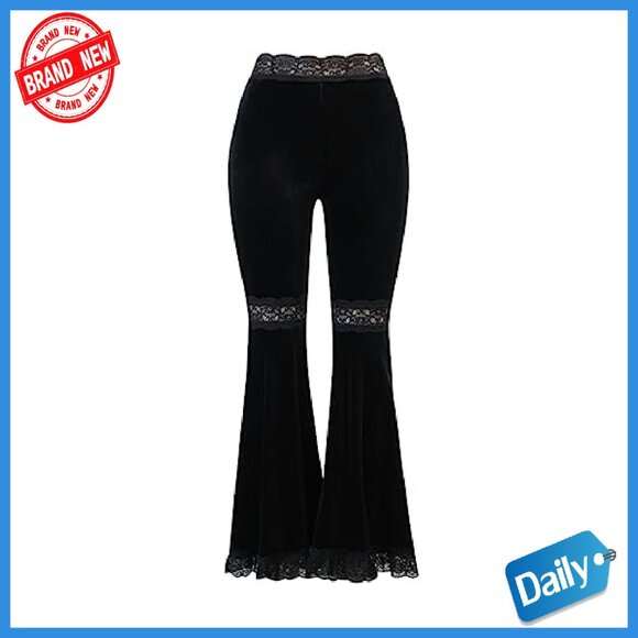 Gothic Velvet Flared Pants with Lace Patchwork, Steampunk Design - Picture 2 of 7